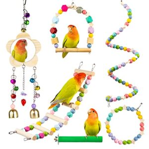 PANQIAGU 6 Pcs Bird Parrot Toys, Hanging Bell Pet Bird Cage Hammock Swing Toy Wooden Perch Chewing Toy for Small Parrots, Conures, Love Birds, Small Parakeets Cockatiels, Macaws, Finches