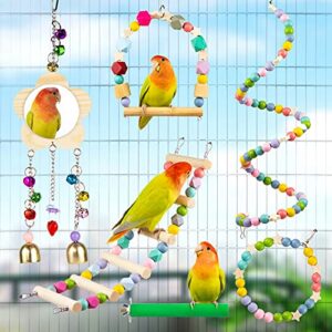 PANQIAGU 6 Pcs Bird Parrot Toys, Hanging Bell Pet Bird Cage Hammock Swing Toy Wooden Perch Chewing Toy for Small Parrots, Conures, Love Birds, Small Parakeets Cockatiels, Macaws, Finches