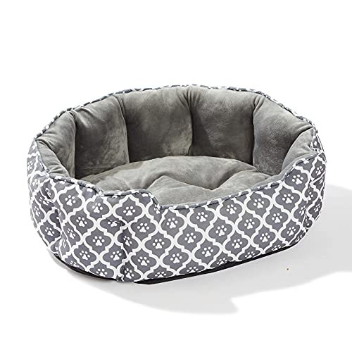 LUCKITTY 25 Inch Large Cat Bed,Soft Velvet & Waterproof Oxford Two-Sided Cushion, Easy Washable,Oval Geometric Pet Beds for Indoor Big Cats or Small Dogs, Grey Footprints Pattern