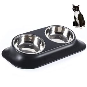 raised cat bowl pet bowl,stainless steel elevated small dog bowls,15°tilted whisker reliefs fatigue free stress anti vomiting cat food water bowls,non slip cat feeding bowls（double bowl）