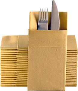 gold dinner napkins cloth like with built-in flatware pocket, linen-feel absorbent disposable paper hand napkins for kitchen, bathroom, parties, weddings, dinners or events, pack of 50