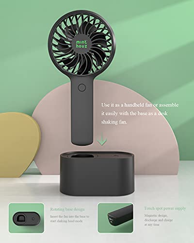 Minthouz Handheld Fan, 90° Automatic Head Shaking Personal Fan with Rotating Base, 3 Speed Adjustable Portable Fan Rechargeable Desk Fan with 2000mAh Built-in Battery, Mini Fan for Office/Home/Outdoor