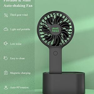 Minthouz Handheld Fan, 90° Automatic Head Shaking Personal Fan with Rotating Base, 3 Speed Adjustable Portable Fan Rechargeable Desk Fan with 2000mAh Built-in Battery, Mini Fan for Office/Home/Outdoor