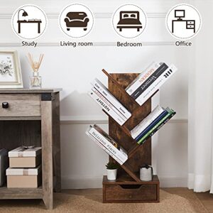 Tree Bookshelf with Drawers, 6-Tier Book Storage Organizer Shelves Floor Standing Bookcase for Magazine/Book, with Modern Wood Storage Rack Display Shelves Cabinet for Living Room/Bedroom/Office