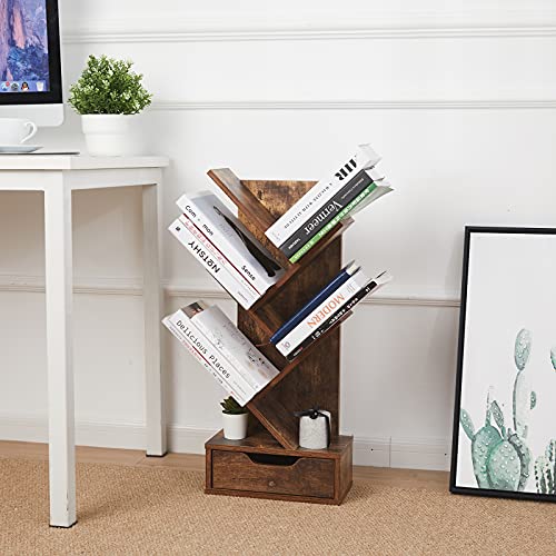 Tree Bookshelf with Drawers, 6-Tier Book Storage Organizer Shelves Floor Standing Bookcase for Magazine/Book, with Modern Wood Storage Rack Display Shelves Cabinet for Living Room/Bedroom/Office