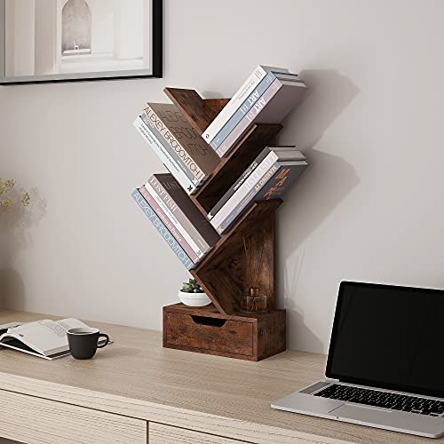 Tree Bookshelf with Drawers, 6-Tier Book Storage Organizer Shelves Floor Standing Bookcase for Magazine/Book, with Modern Wood Storage Rack Display Shelves Cabinet for Living Room/Bedroom/Office