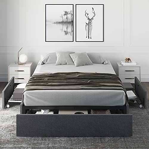 HOOMIC Upholstered Queen Platform Bed Frame with 3 Storage Drawers, No Fixed Headboard Design, Mattress Foundation with Wooden Slats, No Box Spring Needed, Noise Free, Dark Grey