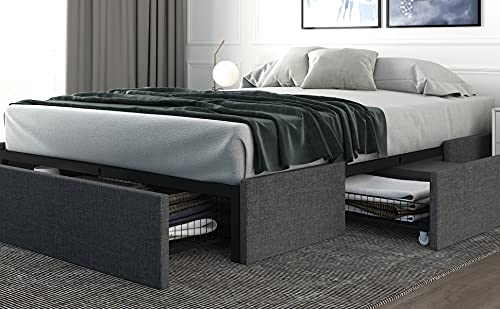 HOOMIC Upholstered Queen Platform Bed Frame with 3 Storage Drawers, No Fixed Headboard Design, Mattress Foundation with Wooden Slats, No Box Spring Needed, Noise Free, Dark Grey