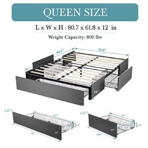 HOOMIC Upholstered Queen Platform Bed Frame with 3 Storage Drawers, No Fixed Headboard Design, Mattress Foundation with Wooden Slats, No Box Spring Needed, Noise Free, Dark Grey