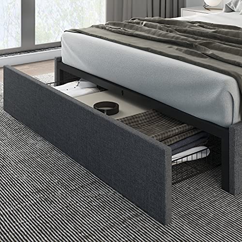 HOOMIC Upholstered Queen Platform Bed Frame with 3 Storage Drawers, No Fixed Headboard Design, Mattress Foundation with Wooden Slats, No Box Spring Needed, Noise Free, Dark Grey