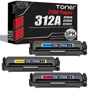 3 pack (1cyan+1yellow+1magenta) remanufactured 312a cf381a 312a | cf382a cf383a toner cartridge compatible replacement for hp color color pro mfp m476dw cf387a m476dn printer ink cartridge.