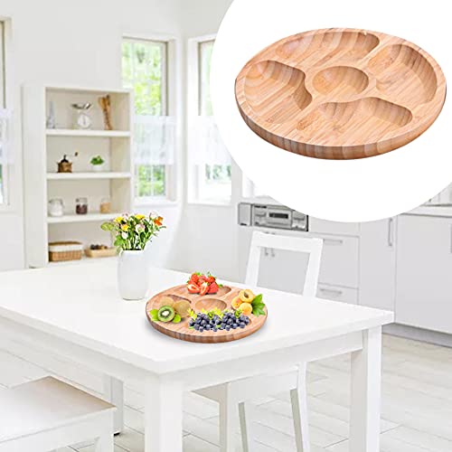 Divided Serving Tray, Bamboo Appetizer Party Platter with 5 Compartments for Serving Dishes, Serving Platters, Chip and Dip Tray, Veggie Tray, Or Taco, Round(8")