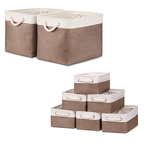 Bidtakay Baskets Set Fabric Storage Bins-White&Earthy Brown Bundled Baskets of 2 Large Baskets 16" X 11.8" X 11.8" + 6 Small Baskets 11.8" X 7.8" X 5"