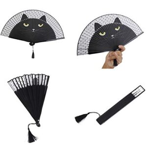 bifofo Handheld Fan, Cartoon Cat Folding Silk Fan Handheld Fan, Men Women Silk Folding Fan with Bamboo Frames and Elegant Tassel for Dancing Cosplay Wedding Party Props Decoration (Cartoon Cat)