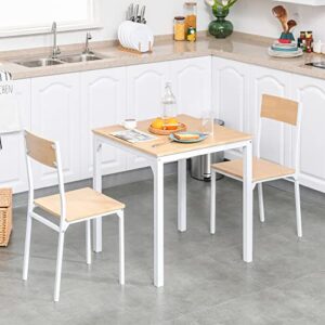 HOMCOM 3-Piece Wooden Square Dining Table Set with 1 Table and 2 Chairs and Sturdy Metal Frame for Small Space, White