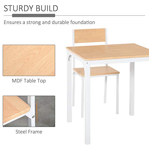 HOMCOM 3-Piece Wooden Square Dining Table Set with 1 Table and 2 Chairs and Sturdy Metal Frame for Small Space, White