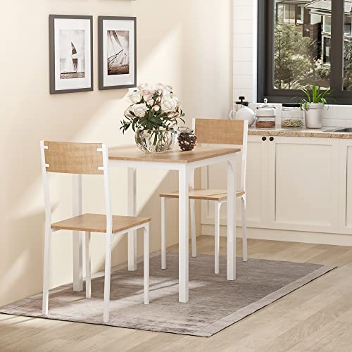 HOMCOM 3-Piece Wooden Square Dining Table Set with 1 Table and 2 Chairs and Sturdy Metal Frame for Small Space, White