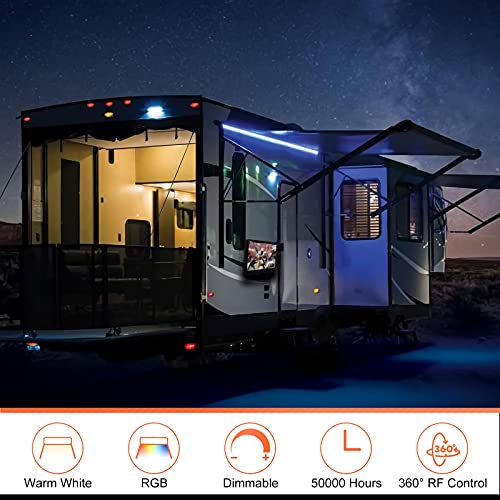 WELLUCK RV LED Camper Awning Lights, 12V, 12FT/3.6M, Dimmable, Remote Control, Warm White Mode and RGB Mode, LED Light Strip Exterior Lighting Fixture for RV Camping Canopy Motorhome Travel Trailer