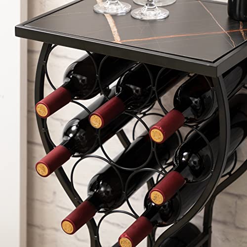 PARANTA Wine Rack Freestanding Floor 11 Bottles Wine Racks Holder Organizer Liquor Cabinet Wine Rack Console Table Marble Veneer Top Wine Glass Racks Black