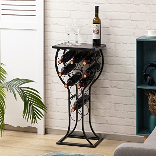 PARANTA Wine Rack Freestanding Floor 11 Bottles Wine Racks Holder Organizer Liquor Cabinet Wine Rack Console Table Marble Veneer Top Wine Glass Racks Black