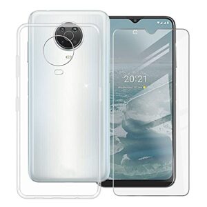 hhuan case for nokia g20 (6.52 inch) with tempered glass screen protector, clear soft silicone protective cover bumper shockproof phone case for nokia g20 - clear
