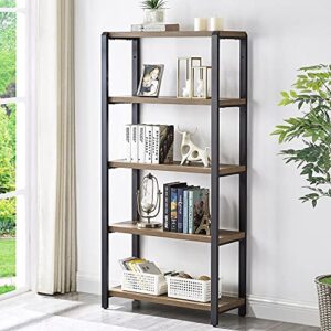 foluban 5 tier bookshelf, industrial vintage storage book shelves, rustic wood and metal bookcase for home office bedroom, oak