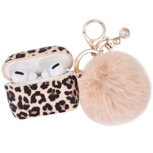 airpods pro case airspo airpods pro (1st generation) case cover floral printed silicone protective skin for women, girls with pom pom fur ball keychain/accessories (beige/cheetah)