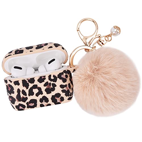 AirPods Pro Case AIRSPO AirPods Pro (1st Generation) Case Cover Floral Printed Silicone Protective Skin for Women, Girls with Pom Pom Fur Ball Keychain/Accessories (Beige/Cheetah)