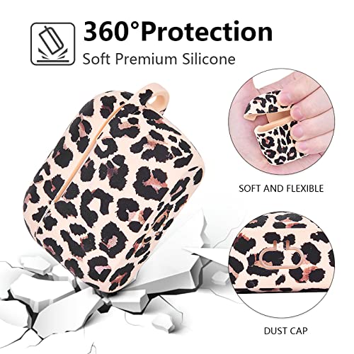 AirPods Pro Case AIRSPO AirPods Pro (1st Generation) Case Cover Floral Printed Silicone Protective Skin for Women, Girls with Pom Pom Fur Ball Keychain/Accessories (Beige/Cheetah)