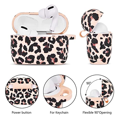 AirPods Pro Case AIRSPO AirPods Pro (1st Generation) Case Cover Floral Printed Silicone Protective Skin for Women, Girls with Pom Pom Fur Ball Keychain/Accessories (Beige/Cheetah)