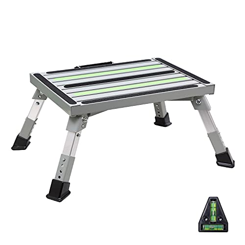 Homeon Wheels Aluminum Safety RV Steps Adjustable Height Folding Platform Step with Friction Strips Non-Slip Rubber Feet and Handle RV Step Stool Supports Up to 1000lbs.