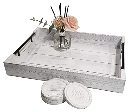 JB Joy and Bright Wooden Serving Ottoman Tray with 4 Coasters | 18x13 inch Rusted, Decorative Wood Trays for Coffee Table, Couch, Bed Ideal Appetizer, Food, Breakfast, Dessert, Tea, White (TW-1813)