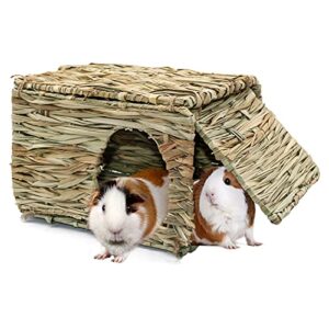 bwogue large grass house for guinea pigs,hand woven straw hut foldable small animal play hideaway bed with double openings playhouse for bunny guinea pig chinchilla ferret