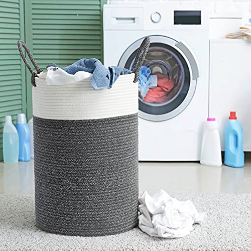 Goodpick Tall Laundry Hamper Woven Jute Rope Dirty Clothes Hamper Rope Basket for Blanket in Living Room Modern Hamper Basket Grey Basket for Storage, 19.7''H * 13.8''D