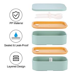 SHUCHENGMAOYI Bento Adults Lunch Box, Japanese Stackable Box 2-In-1 Compartment, Leakproof 2 Layer Lunch Box Lunch Containers with Bag BPA Free (Green)
