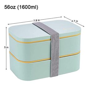 SHUCHENGMAOYI Bento Adults Lunch Box, Japanese Stackable Box 2-In-1 Compartment, Leakproof 2 Layer Lunch Box Lunch Containers with Bag BPA Free (Green)