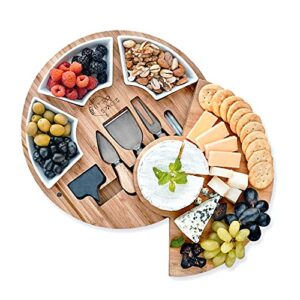 large cheese cutting board charcuterie & knife set - round unique swivel bamboo charcuterie board set for parties - wine cheese board charcuterie platter for serving the family - cheeseboard gift set