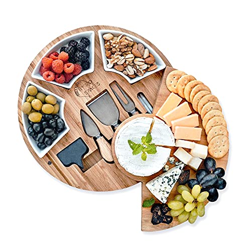 Large Cheese Cutting Board Charcuterie & Knife Set - Round Unique Swivel Bamboo Charcuterie Board Set For Parties - Wine Cheese Board Charcuterie Platter For Serving The Family - Cheeseboard Gift Set