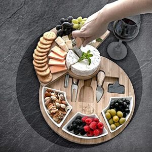 Large Cheese Cutting Board Charcuterie & Knife Set - Round Unique Swivel Bamboo Charcuterie Board Set For Parties - Wine Cheese Board Charcuterie Platter For Serving The Family - Cheeseboard Gift Set