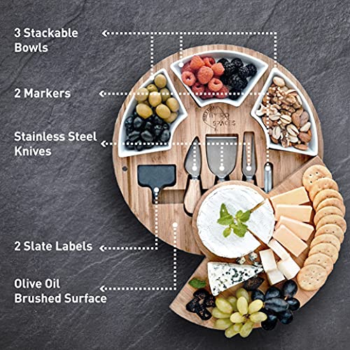 Large Cheese Cutting Board Charcuterie & Knife Set - Round Unique Swivel Bamboo Charcuterie Board Set For Parties - Wine Cheese Board Charcuterie Platter For Serving The Family - Cheeseboard Gift Set