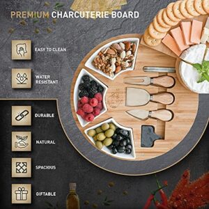 Large Cheese Cutting Board Charcuterie & Knife Set - Round Unique Swivel Bamboo Charcuterie Board Set For Parties - Wine Cheese Board Charcuterie Platter For Serving The Family - Cheeseboard Gift Set