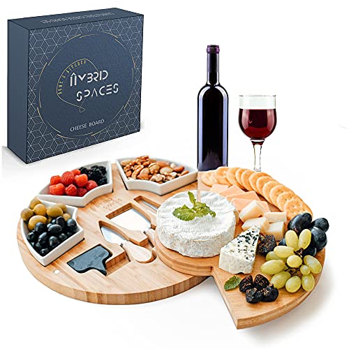 Large Cheese Cutting Board Charcuterie & Knife Set - Round Unique Swivel Bamboo Charcuterie Board Set For Parties - Wine Cheese Board Charcuterie Platter For Serving The Family - Cheeseboard Gift Set