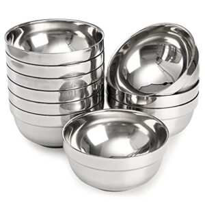 yarlung 10 pack stainless steel bowls, 17 oz snacks bowls lightweight salad bowls, double-walled metal soup bowls serving dishes for sauces, rice, noodles, ice cream