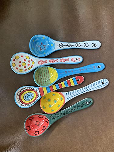 heart & home Ceramic Soup Spoons Set of 6, Wonton Soup Spoons Ceramic, Round Soup Spoons, 6-1/2" L, Multicolor