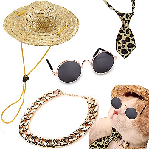 4Pcs Cat Glasses Cat Gold Chain Necktie and Straw Hat, Fashion Cool Pet Sunglasses Adjustable Pet Gold Chain Set Classic Funny Pet Accessories for Cats and Small Dogs