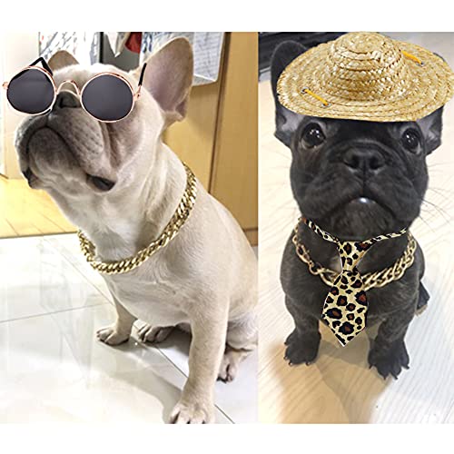 4Pcs Cat Glasses Cat Gold Chain Necktie and Straw Hat, Fashion Cool Pet Sunglasses Adjustable Pet Gold Chain Set Classic Funny Pet Accessories for Cats and Small Dogs