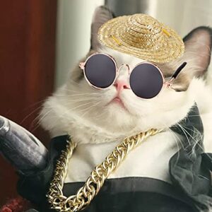 4Pcs Cat Glasses Cat Gold Chain Necktie and Straw Hat, Fashion Cool Pet Sunglasses Adjustable Pet Gold Chain Set Classic Funny Pet Accessories for Cats and Small Dogs