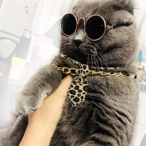 4Pcs Cat Glasses Cat Gold Chain Necktie and Straw Hat, Fashion Cool Pet Sunglasses Adjustable Pet Gold Chain Set Classic Funny Pet Accessories for Cats and Small Dogs