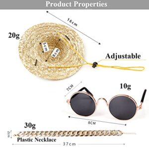 4Pcs Cat Glasses Cat Gold Chain Necktie and Straw Hat, Fashion Cool Pet Sunglasses Adjustable Pet Gold Chain Set Classic Funny Pet Accessories for Cats and Small Dogs