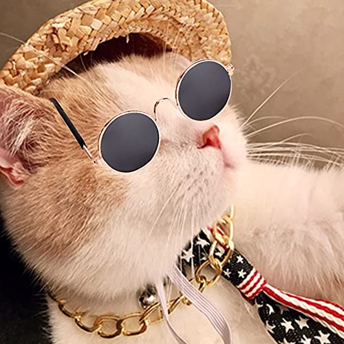 4Pcs Cat Glasses Cat Gold Chain Necktie and Straw Hat, Fashion Cool Pet Sunglasses Adjustable Pet Gold Chain Set Classic Funny Pet Accessories for Cats and Small Dogs